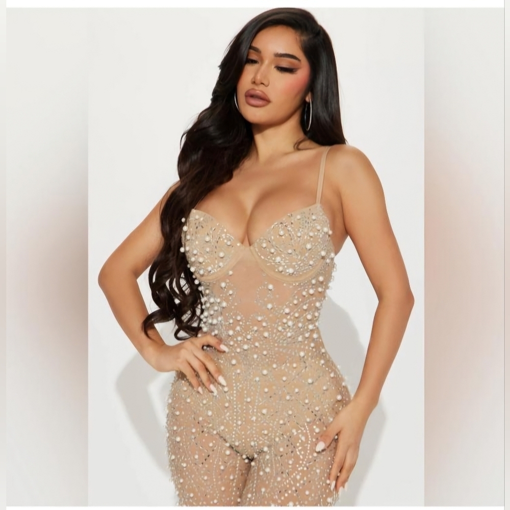 Fashion NovaFashion Nova Party Like It's My Birthday Embellished Jumpsuit Nude